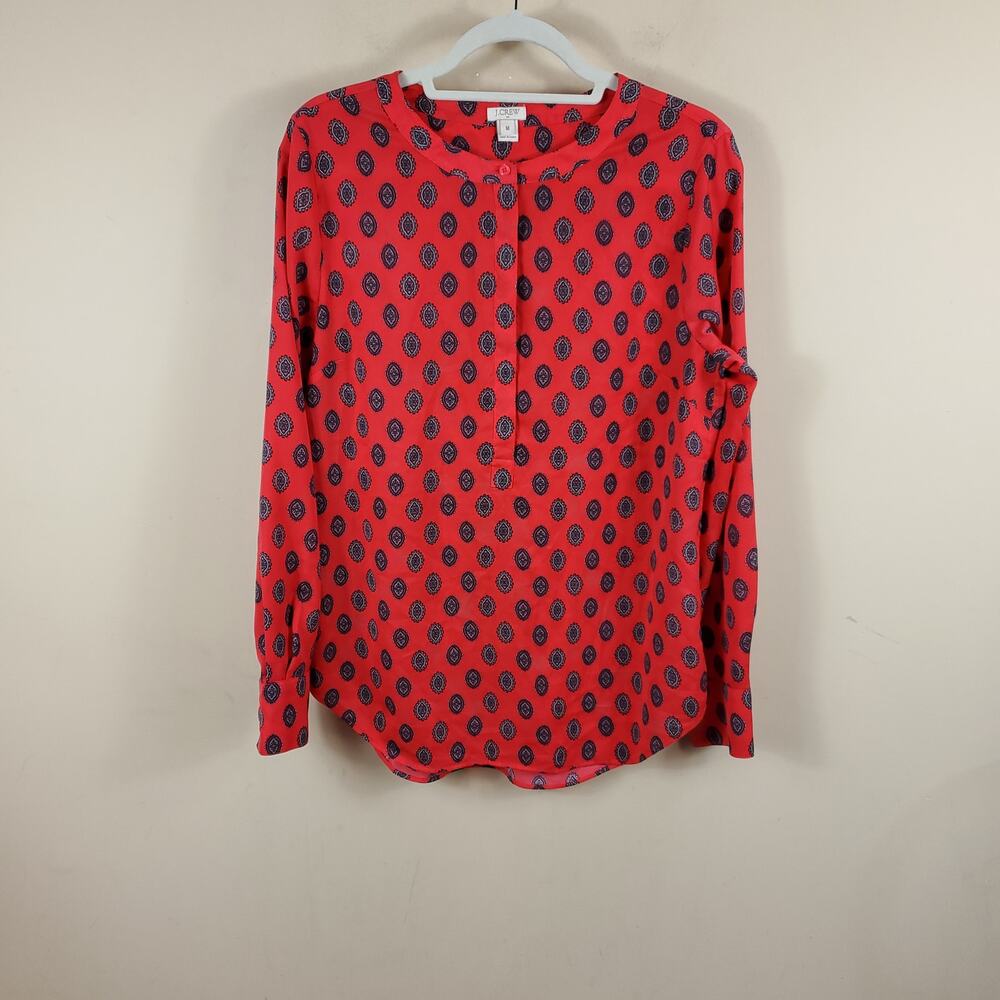 J. Crew Red Medallion Print Long Sleeve Popover Blouse Size M